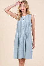 Light blue denim pintuck sleeveless midi dress with vertical pleats and button-front neckline by lime n chili
