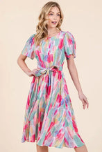 Lime n Chili watercolor print tie waist midi dress with puff sleeves