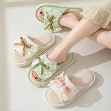 Linen material open toe flats with lace bow embellishments