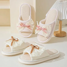 White linen material open toe flats with lace and pink bow