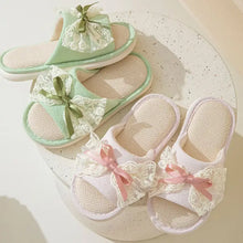 Mint green linen material open toe flats with white lace and bow