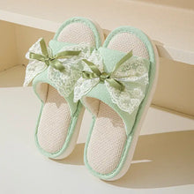 Mint green open toe flats with lace bow and linen material