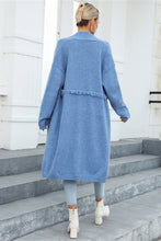 Long Blue Fringed Cardigan with Regular Sleeve Length and Pockets