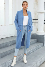 Long Blue Fringed Cardigan with Regular Sleeve Length and Pockets Woman Outerwear