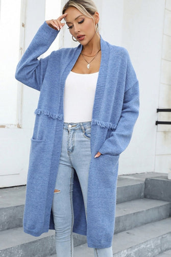 Long Blue Fringed Cardigan with Regular Sleeve Length and Pockets Light Blue