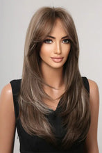 Long synthetic brown wig with blonde highlights, bangs, and hair layers