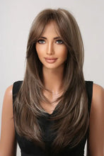Long layered synthetic brown wig with blonde highlights and bangs