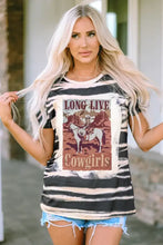 Women’s black and white striped graphic round neck short sleeve t-shirt with Long Live Cowgirls print