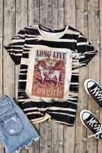 Black and white tie-dye graphic round neck short sleeve t-shirt with vintage cowgirl on horseback, mountains, and Long Live Cowgirls text