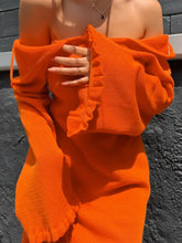 Vibrant orange off-shoulder long sleeve backless knit sweater dress