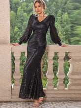 Long Sleeve Black Sequin Evening Gown Black