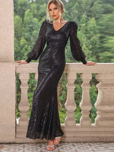 Long Sleeve Black Sequin Evening Gown Black Evening Dresses