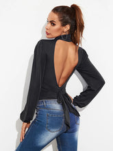 Long Sleeve Black Turtleneck Backless Bodysuit for Women Black
