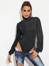 Long Sleeve Black Turtleneck Backless Bodysuit for Women