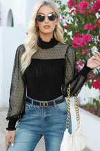 Long Sleeve Black Velvet Polka Dot Mesh Bodysuit for Women Black