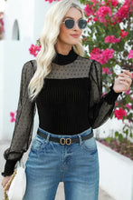 Long Sleeve Black Velvet Polka Dot Mesh Bodysuit for Women