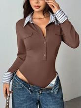Brown long sleeve button front bodysuit with striped collar and cuffs for stylish casual wear