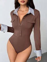 Brown long sleeve button front bodysuit with striped collar and cuffs in a comfortable one-piece design