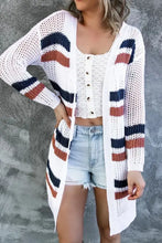 White long sleeve cardigan with navy rust stripes in stretchy knit