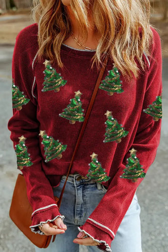 Christmas Tree Sequin Waffle Knit Long Sleeve Sweatshirt Burgundy Woman Sweatshirts