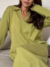 Soft olive-green Long Sleeve Collared Neck Knit Dress, relaxed fit