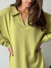 Long sleeve collared neck knit dress in soft olive green