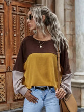 Long Sleeve Color Block Waffle Knit Top for Women Honey Woman T Shirts