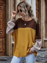 Long Sleeve Color Block Waffle Knit Top for Women Woman T Shirts