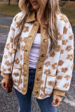 Cream and gold floral print long sleeve jacket with flower button closure