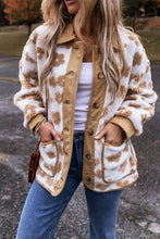 Beige and brown leopard print faux fur long sleeve jacket with flower buttons