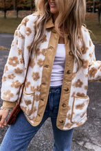 Cream and brown floral print faux fur long sleeve jacket with flower button closure