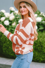 Long Sleeve Floral Checkerboard Sweater for Women Orange and White