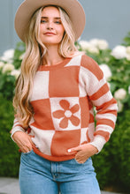 Long Sleeve Floral Checkerboard Sweater for Women Orange and White Caramel