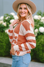 Long Sleeve Floral Checkerboard Sweater for Women Orange and White