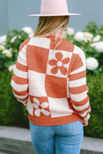 Long Sleeve Floral Checkerboard Sweater for Women Orange and White
