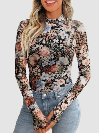 Long Sleeve Floral Mesh Top with Thumb Holes Black