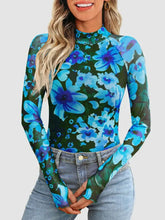Long Sleeve Floral Mesh Top with Thumb Holes Cerulean Woman T Shirts