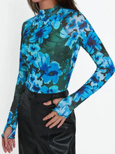 Long Sleeve Floral Mesh Top with Thumb Holes Woman T Shirts
