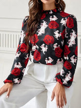 Black rose floral print blouse with long sleeves and high neckline