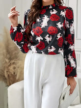 Black rose long sleeve floral print blouse with high neckline