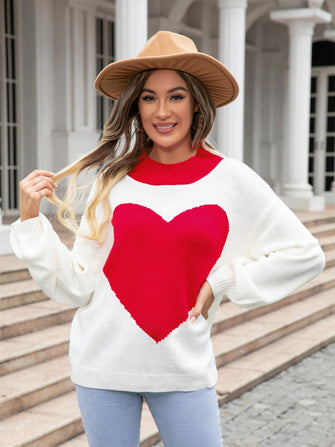 Heart Sweater Pullover with Long Sleeve Length Acrylic Material Deep Red