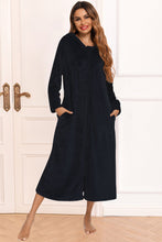 Long Sleeve Hooded Plush Robe with Pockets for Women Black