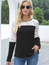 Long Sleeve Lace Trim Waffle Knit Top for Women Black
