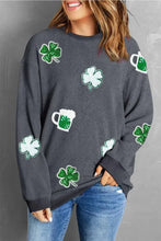 Lucky Clover Beer Sequin Round Neck Sweatshirt Dark Gray Woman Sweatshirts