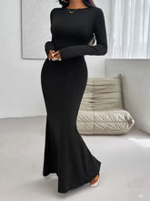 Long sleeve maxi backless round neck black mermaid dress with high slit