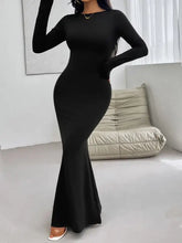 Long sleeve maxi black mermaid dress with backless round neck