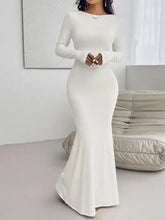 Long sleeve maxi white mermaid dress with backless round neck