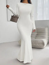 Elegant long sleeve maxi white mermaid dress with backless round neck