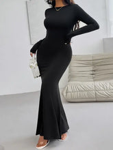 Long sleeve maxi black mermaid dress with backless round neck