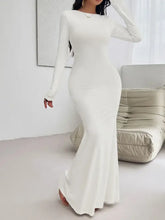 Elegant long sleeve maxi white mermaid dress with backless round neck